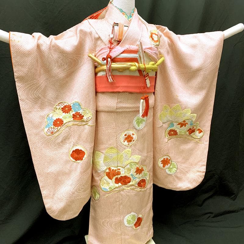 511ag14□七五三 七歳 女児 着物&袋帯 総刺繍 松 丸文 オフホワイト□