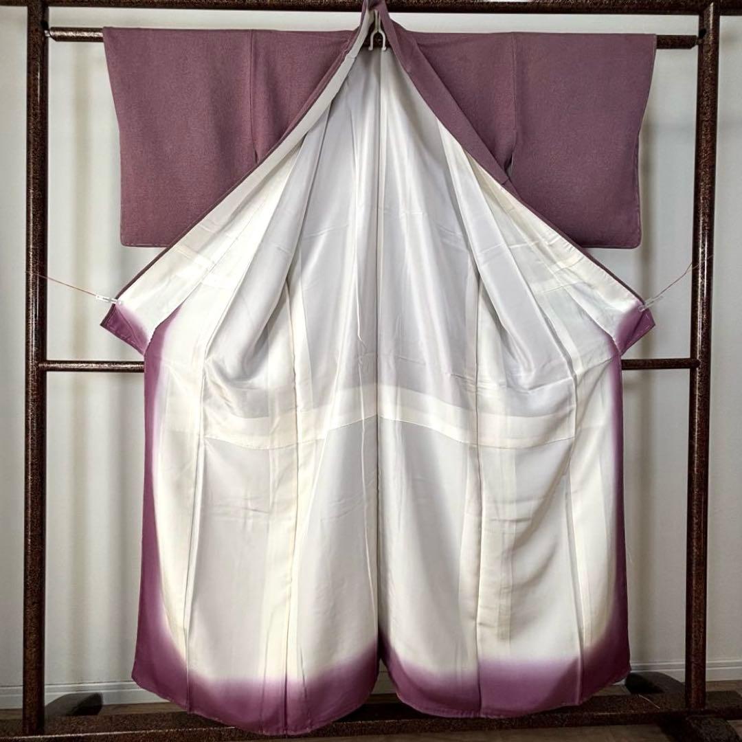 しつけ付　小紋　着物　紫　江戸小紋　縮緬　住田双光　服部光擴　156裄63 縮緬