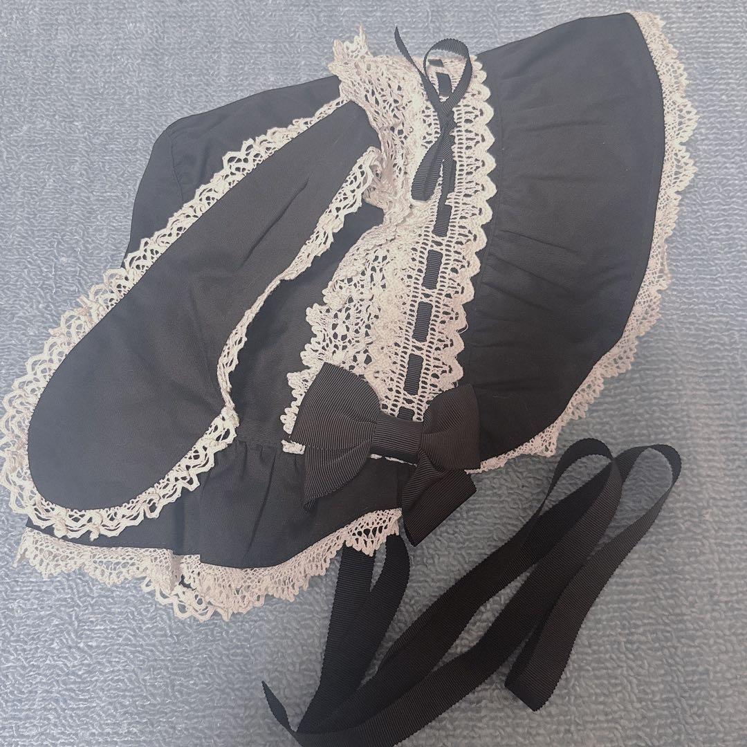 BABY うさみみボンネット　黒×白レース