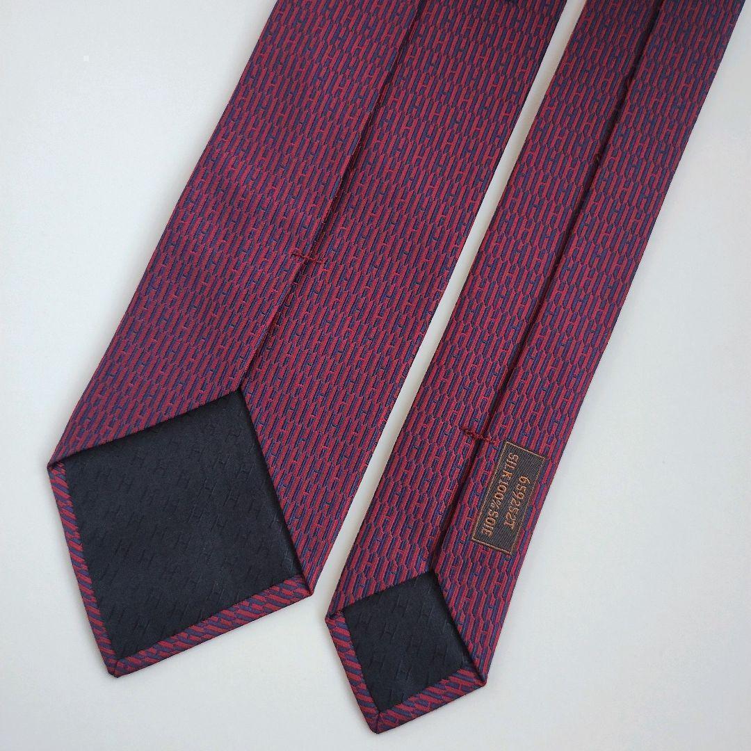 【美品】エルメス ネクタイ ネイビー ボルドー H柄 ハイブランド【フランス製】