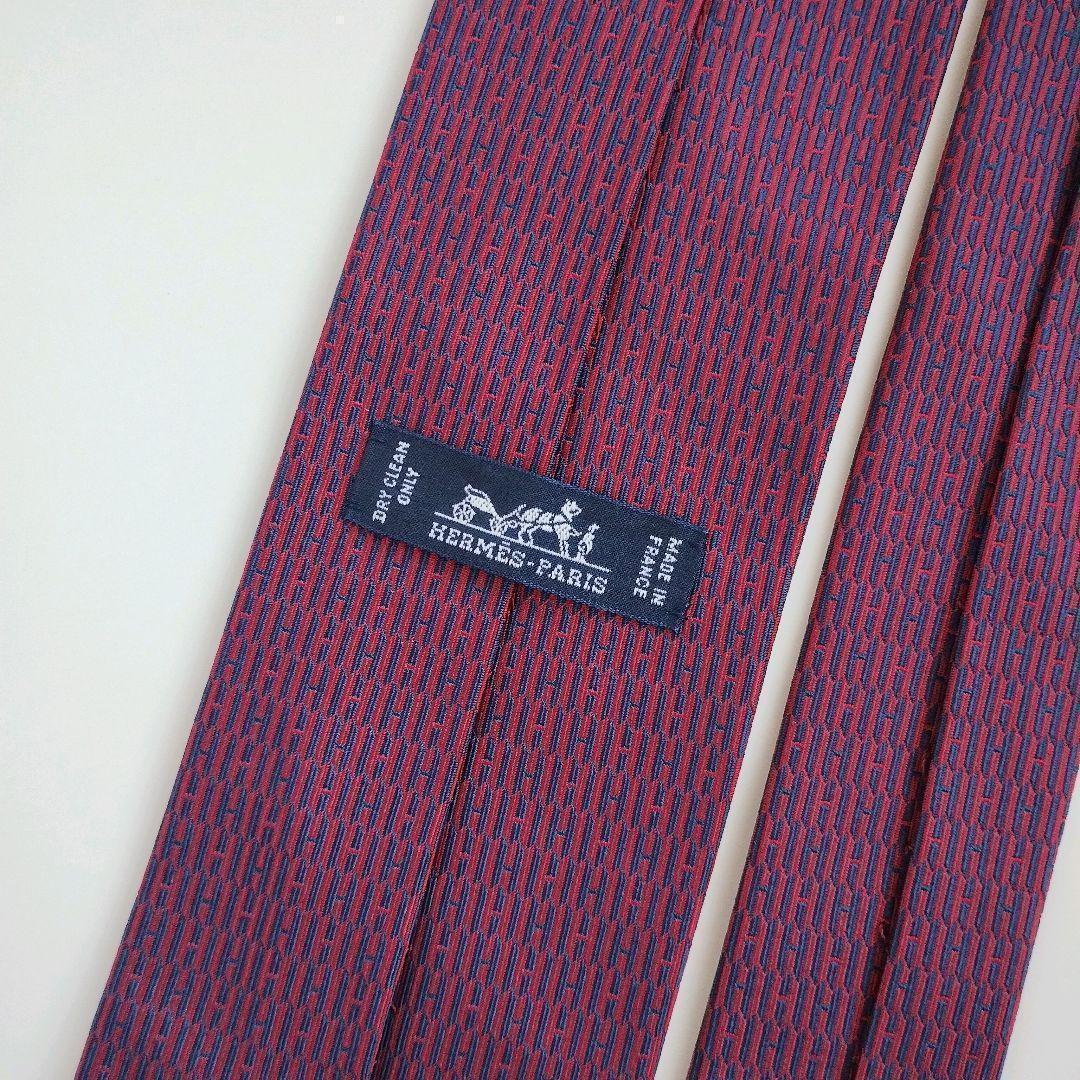 【美品】エルメス ネクタイ ネイビー ボルドー H柄 ハイブランド【フランス製】
