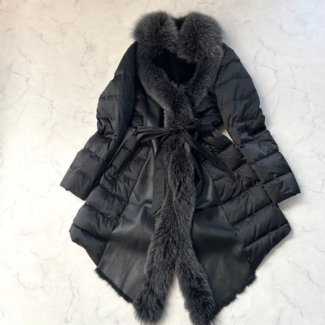 豪華ブルーフォックスファー×ラビット レザー切替 変形ロングダウンコート L