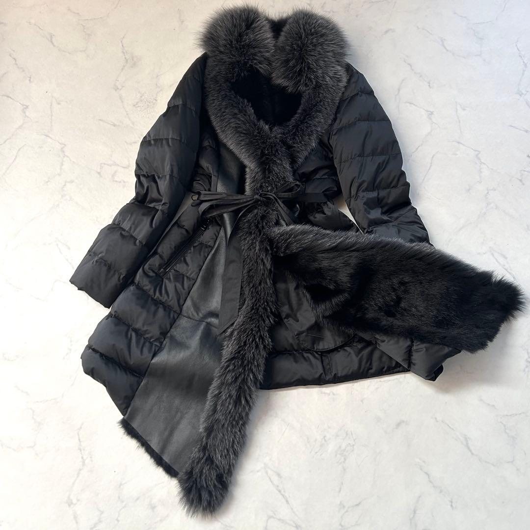 豪華ブルーフォックスファー×ラビット レザー切替 変形ロングダウンコート L