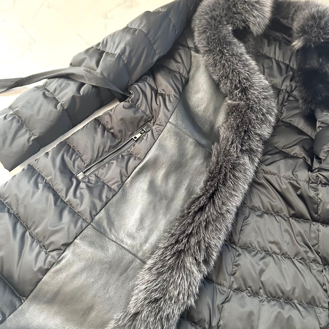 豪華ブルーフォックスファー×ラビット レザー切替 変形ロングダウンコート L