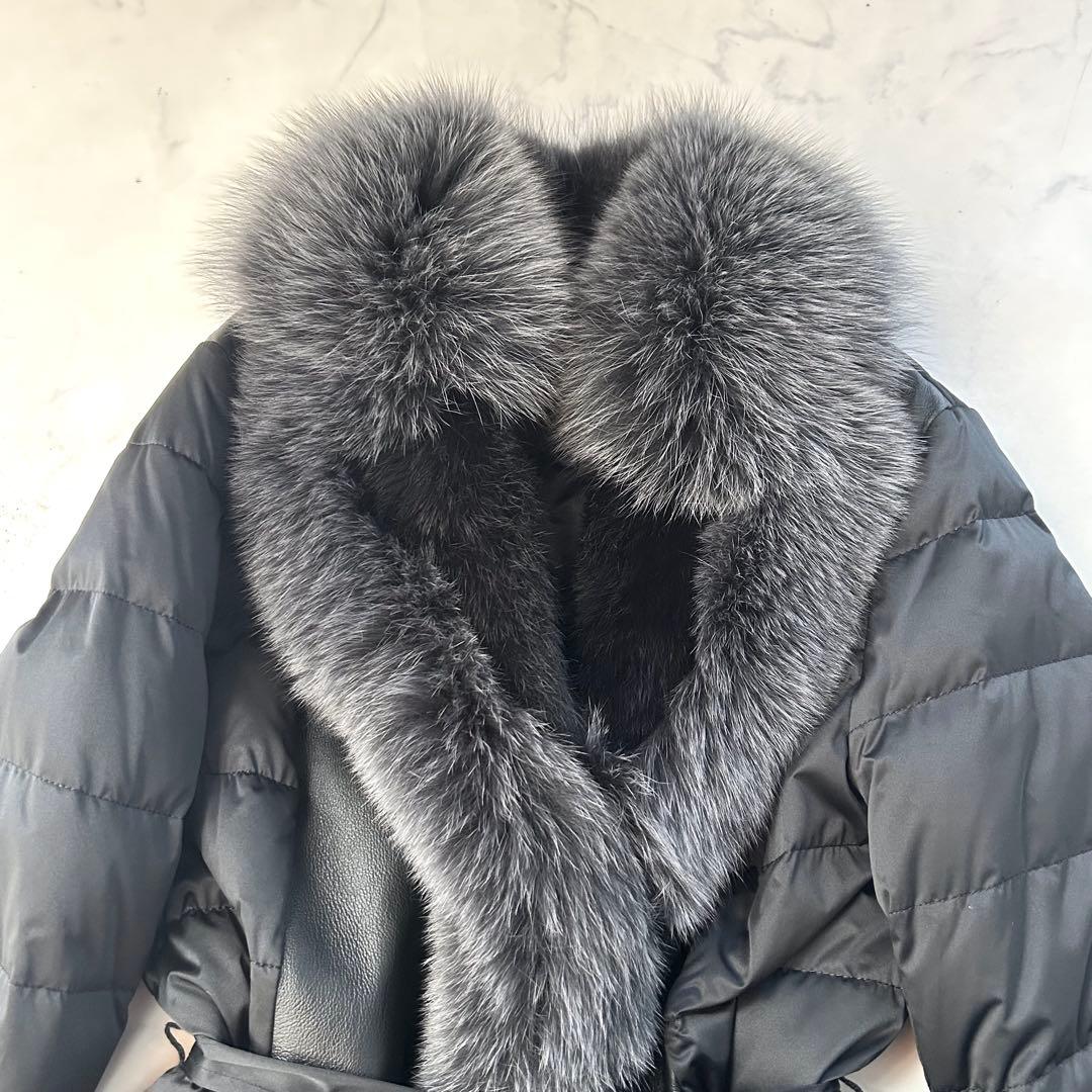 豪華ブルーフォックスファー×ラビット レザー切替 変形ロングダウンコート L