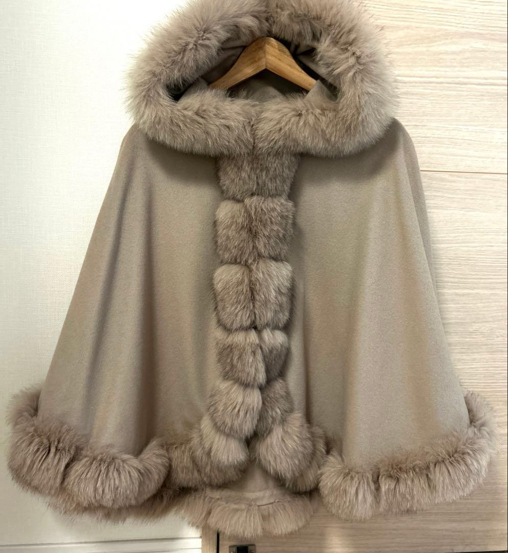 SAGA FURS カシミヤ100% ポンチョ マント ブルーフォックス