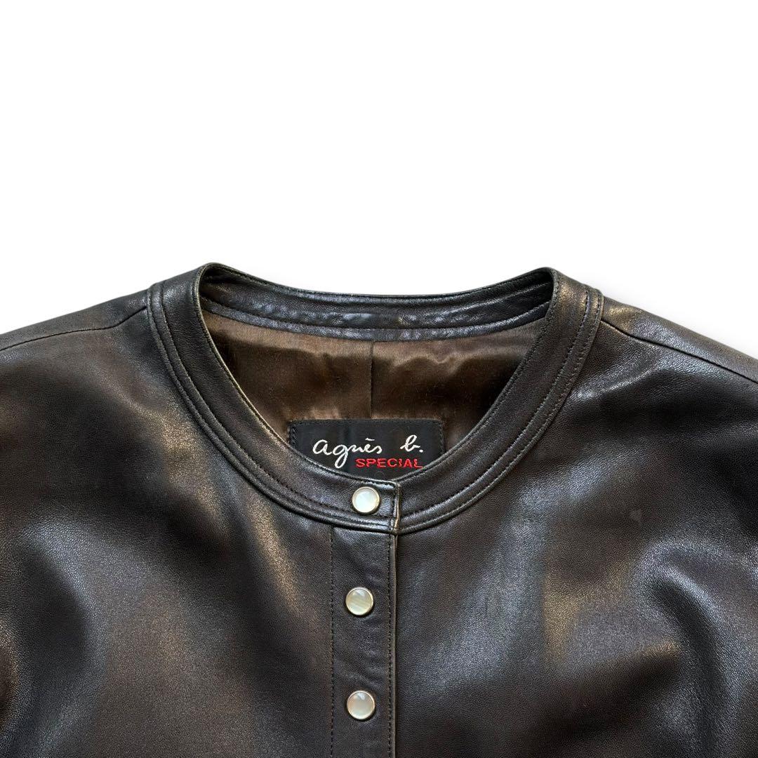 希少 アニエスベースペシャル プレッション ラムレザー ノーカラージャケット 黒