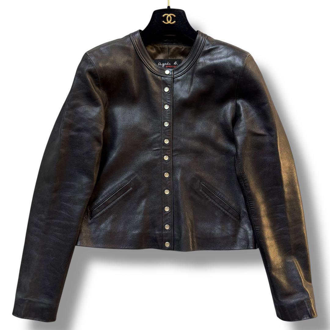 希少 アニエスベースペシャル プレッション ラムレザー ノーカラージャケット 黒