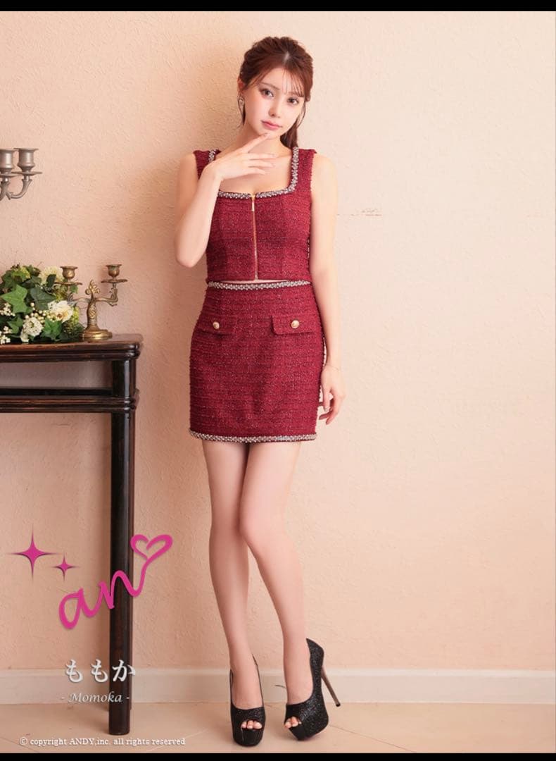 完売品 an アン レッド S ラメツイード ビジュー セットミニドレス キャバ