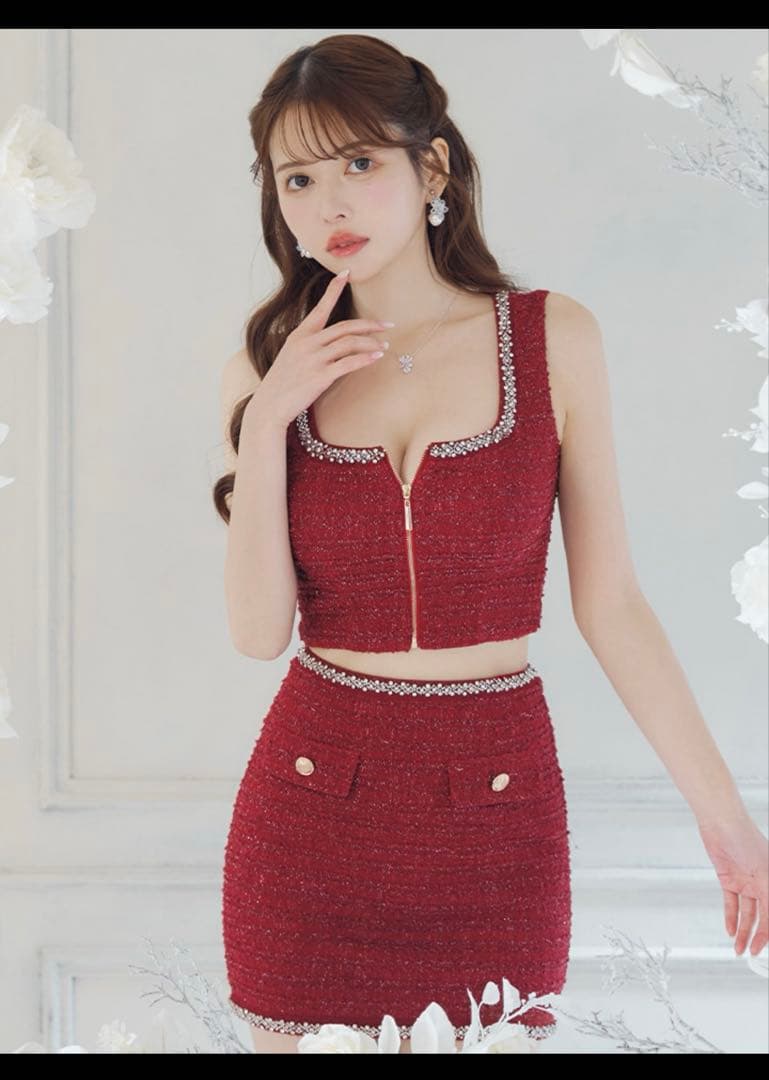 完売品 an アン レッド S ラメツイード ビジュー セットミニドレス キャバ