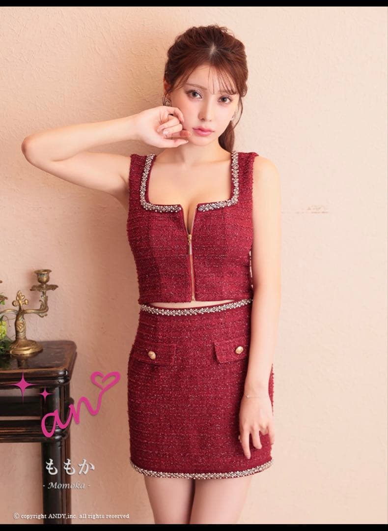 完売品 an アン レッド S ラメツイード ビジュー セットミニドレス キャバ