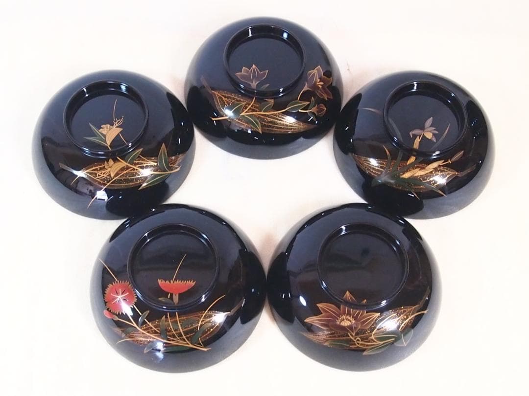 【美品】輪島塗 五島屋謹製 絵変わり草花蒔絵 煮物椀5客 雑煮椀/大椀 漆器食器