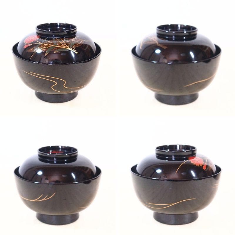 【美品】輪島塗 五島屋謹製 絵変わり草花蒔絵 煮物椀5客 雑煮椀/大椀 漆器食器