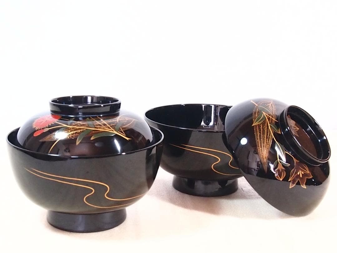 【美品】輪島塗 五島屋謹製 絵変わり草花蒔絵 煮物椀5客 雑煮椀/大椀 漆器食器