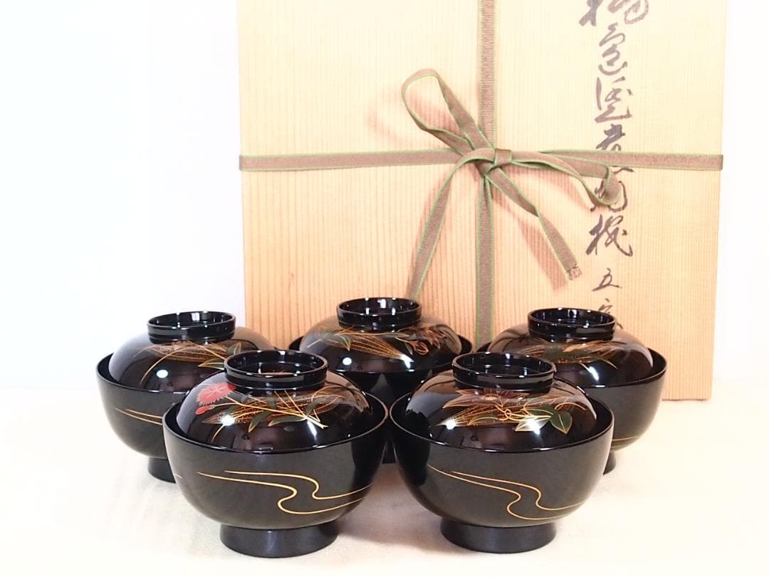 【美品】輪島塗 五島屋謹製 絵変わり草花蒔絵 煮物椀5客 雑煮椀/大椀 漆器食器