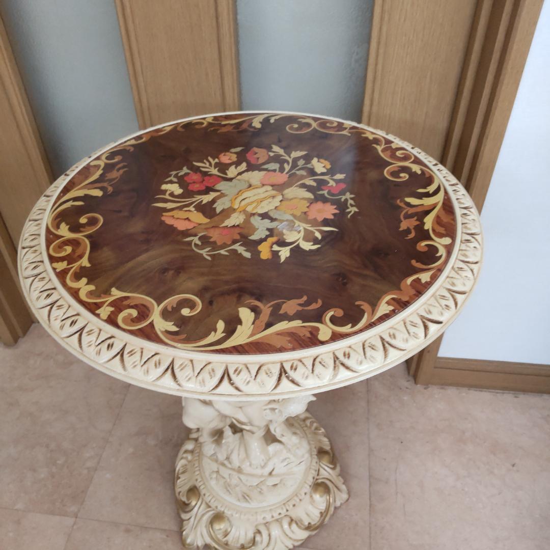 象嵌プリント　西洋アンティーク風　新品　サイドテーブル　組み立て　ピンク付箋