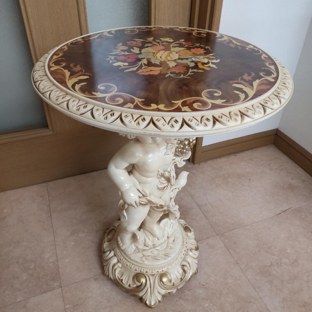 象嵌プリント　西洋アンティーク風　新品　サイドテーブル　組み立て　ピンク付箋