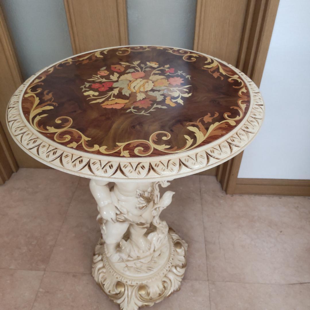 象嵌プリント　西洋アンティーク風　新品　サイドテーブル　組み立て　ピンク付箋