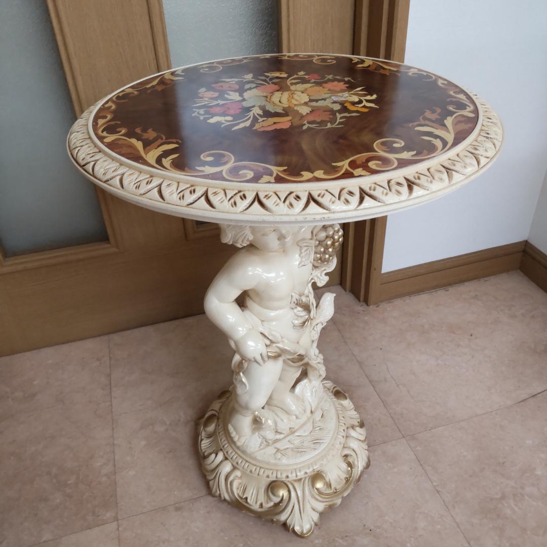 象嵌プリント　西洋アンティーク風　新品　サイドテーブル　組み立て　ピンク付箋