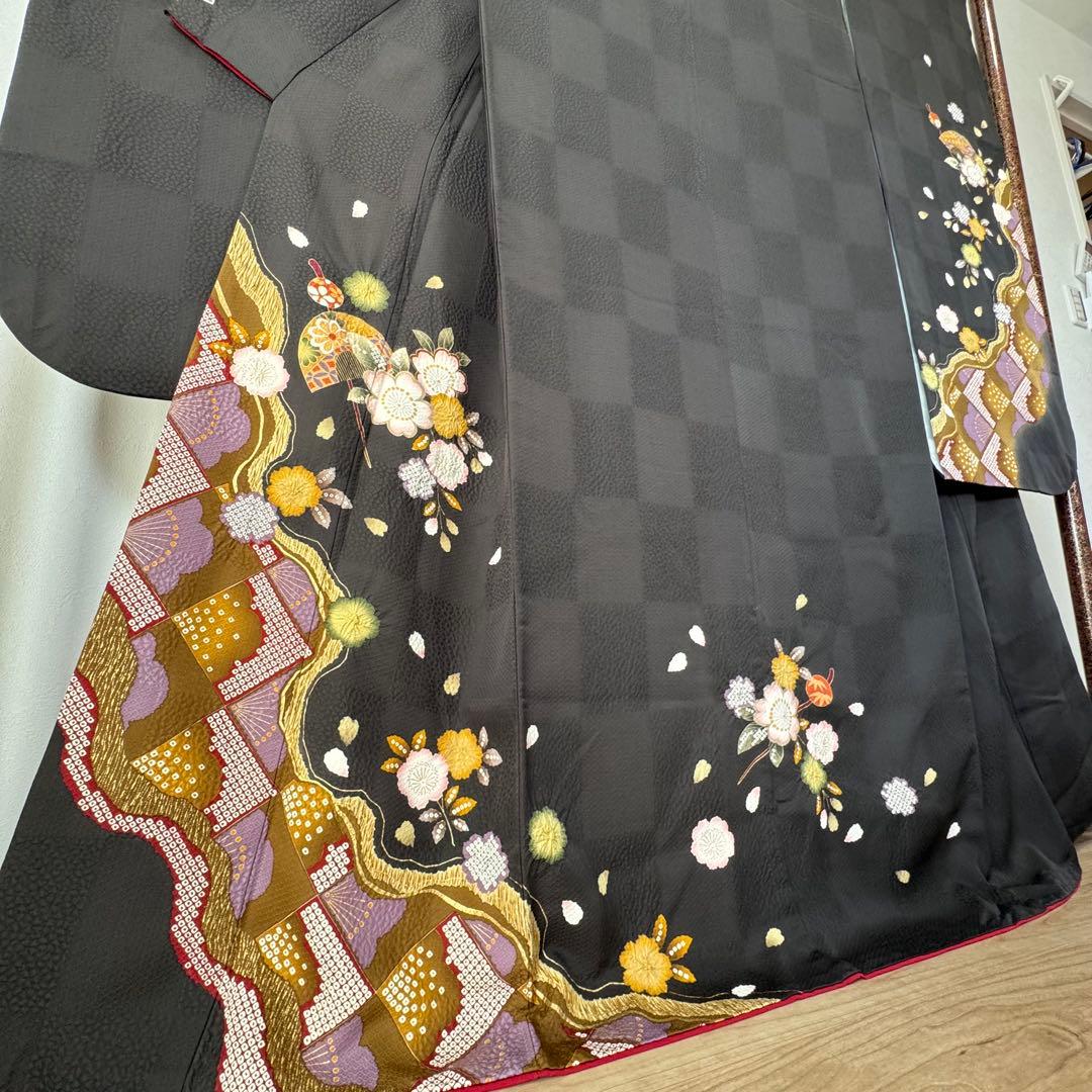 やまと　超美品　正絹　現代振袖　成人式　着物　絞り柄　黒　黄　紫　173裄70