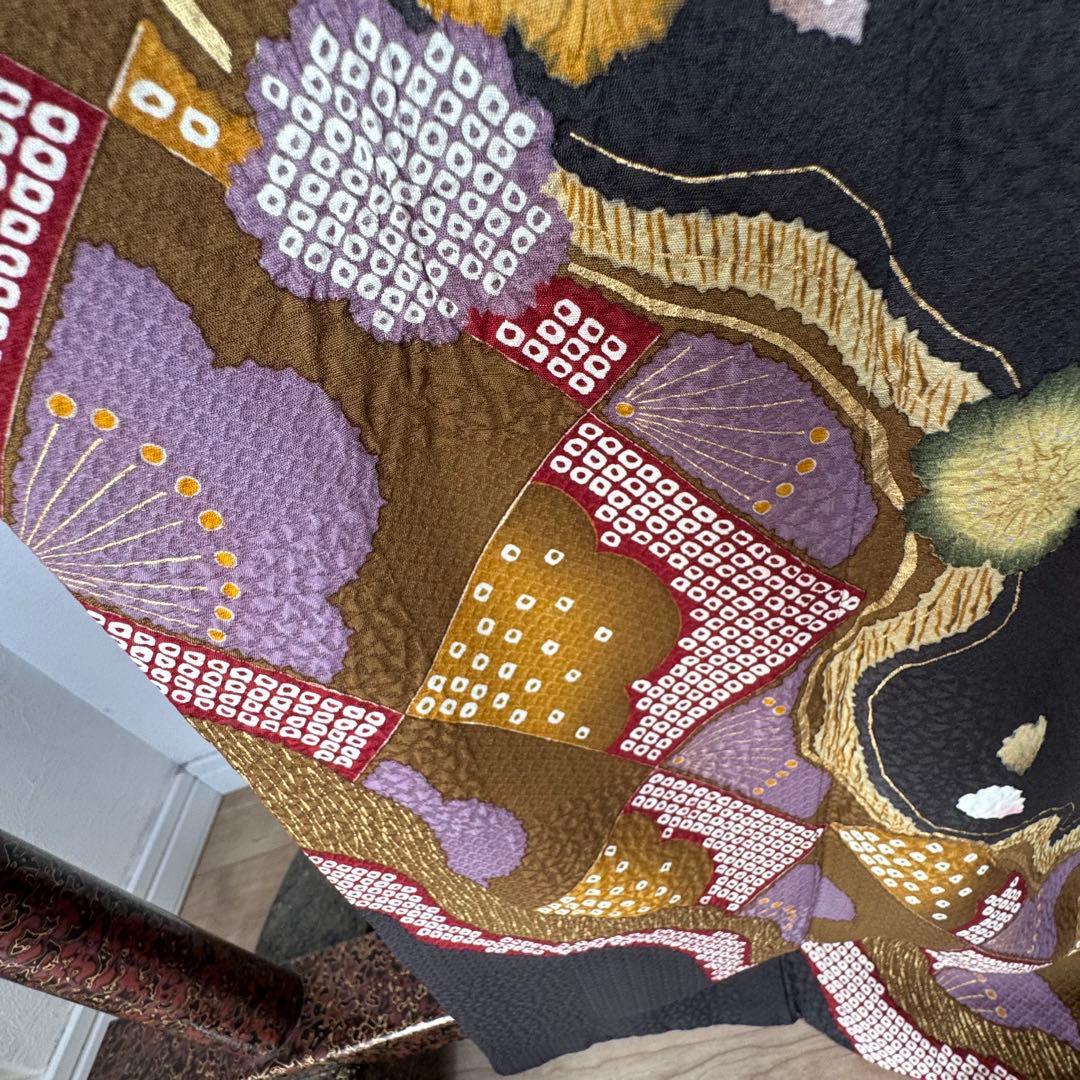 やまと　超美品　正絹　現代振袖　成人式　着物　絞り柄　黒　黄　紫　173裄70