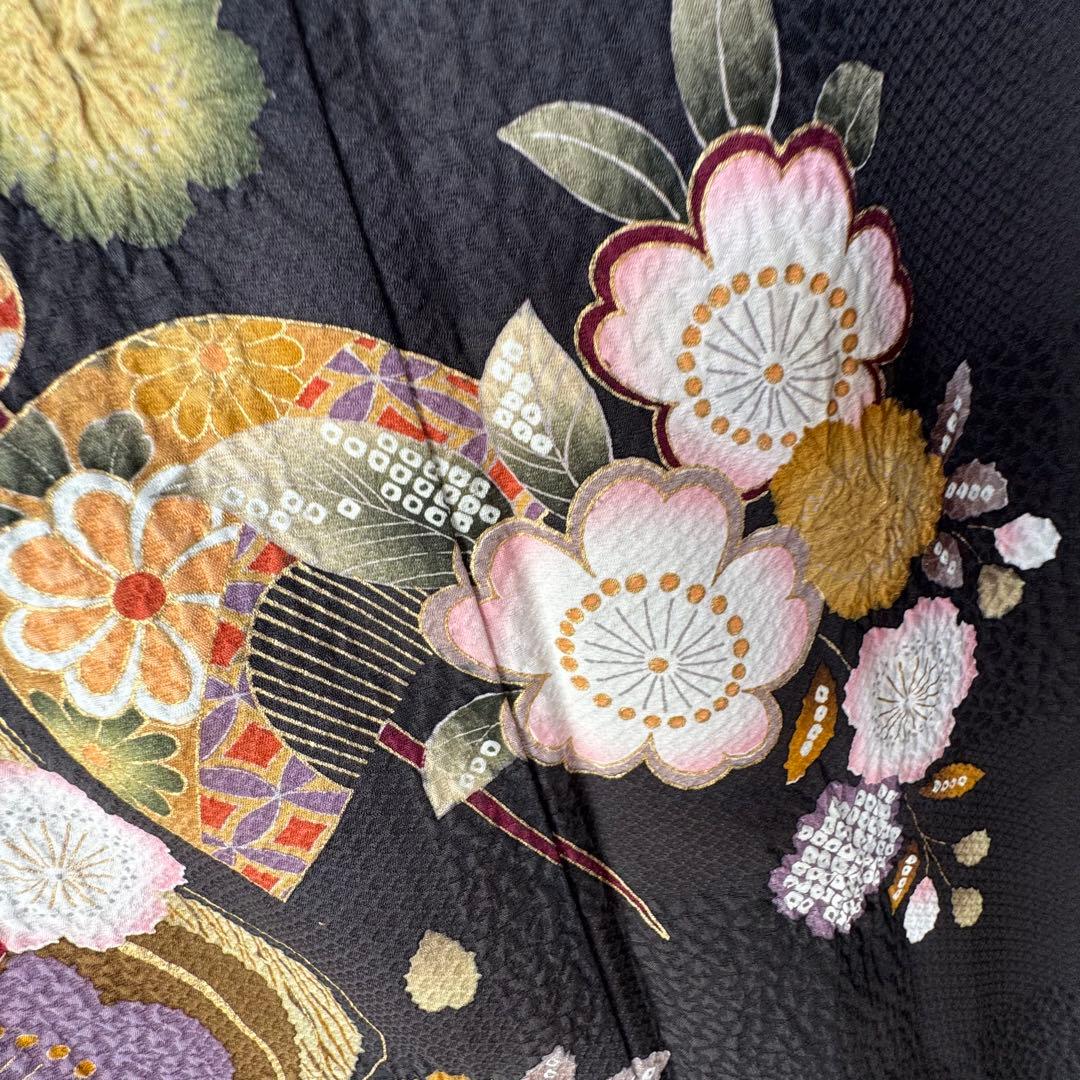 やまと　超美品　正絹　現代振袖　成人式　着物　絞り柄　黒　黄　紫　173裄70