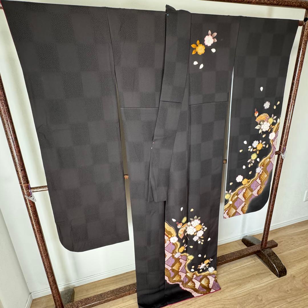 やまと　超美品　正絹　現代振袖　成人式　着物　絞り柄　黒　黄　紫　173裄70