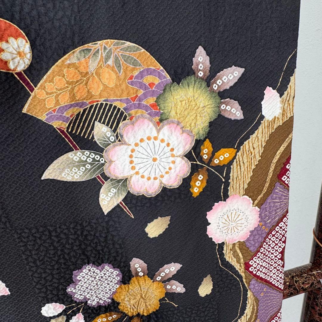 やまと　超美品　正絹　現代振袖　成人式　着物　絞り柄　黒　黄　紫　173裄70