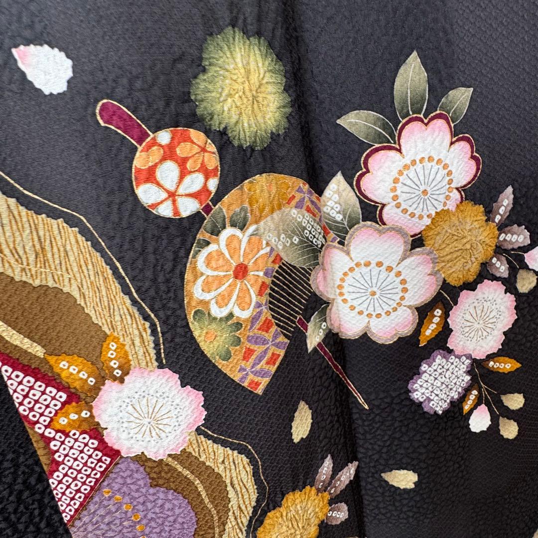 やまと　超美品　正絹　現代振袖　成人式　着物　絞り柄　黒　黄　紫　173裄70