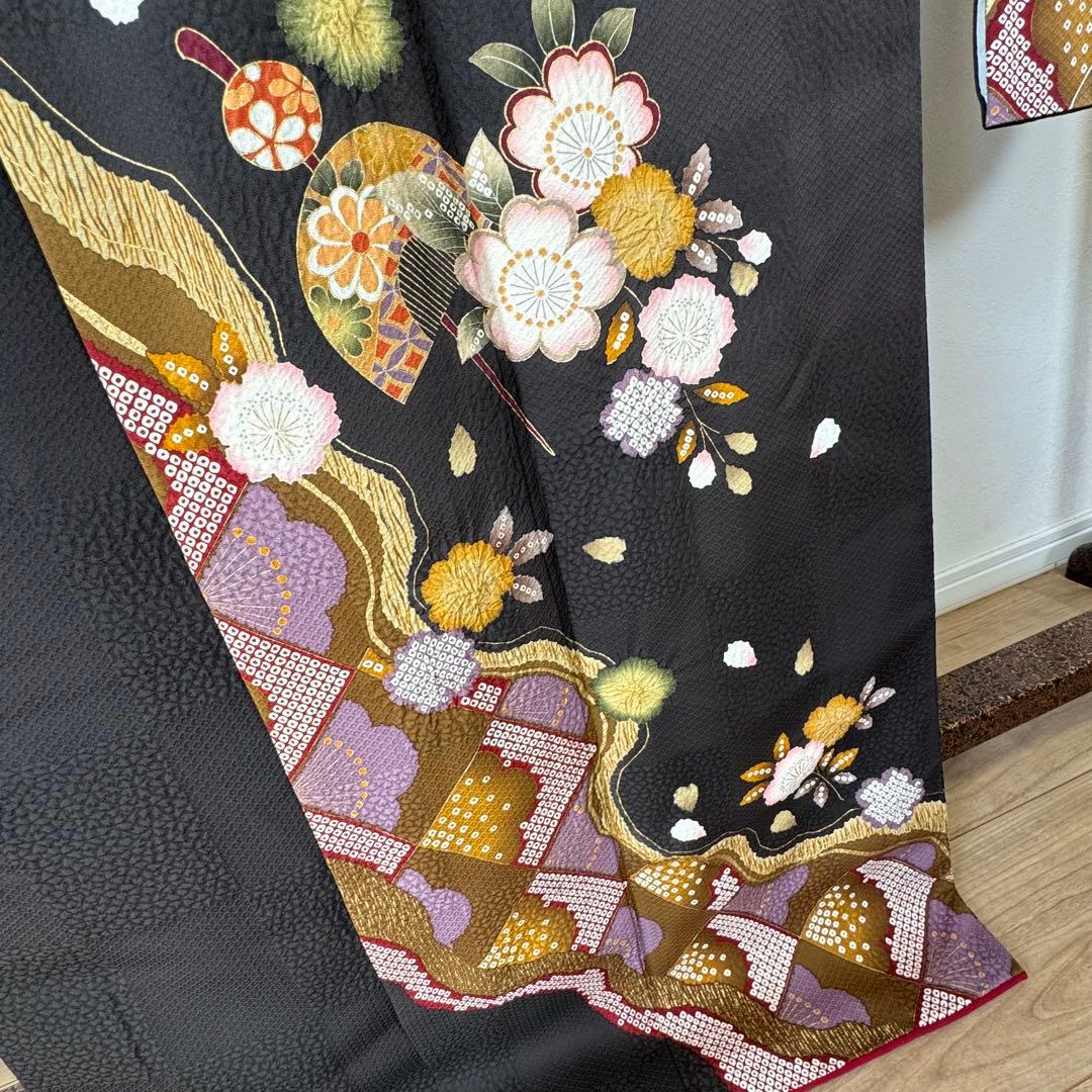 やまと　超美品　正絹　現代振袖　成人式　着物　絞り柄　黒　黄　紫　173裄70