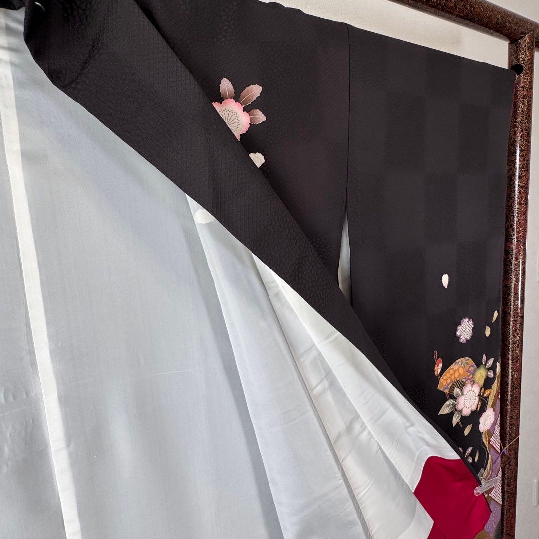 やまと　超美品　正絹　現代振袖　成人式　着物　絞り柄　黒　黄　紫　173裄70