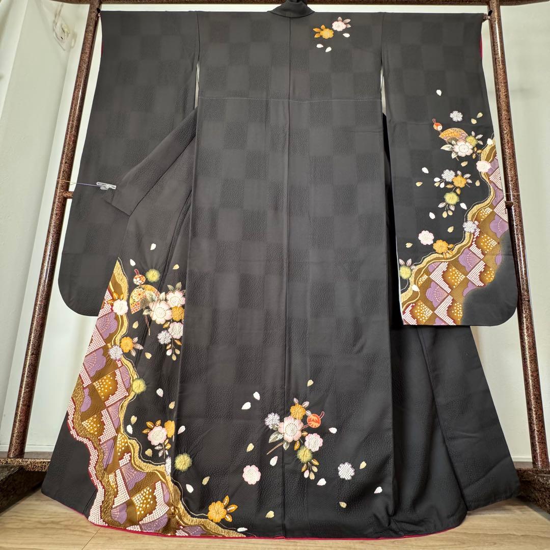 やまと　超美品　正絹　現代振袖　成人式　着物　絞り柄　黒　黄　紫　173裄70