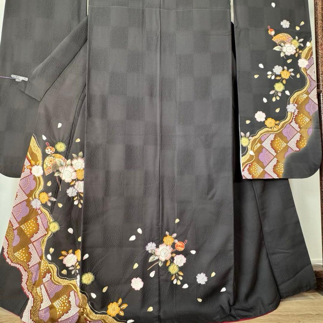 やまと　超美品　正絹　現代振袖　成人式　着物　絞り柄　黒　黄　紫　173裄70