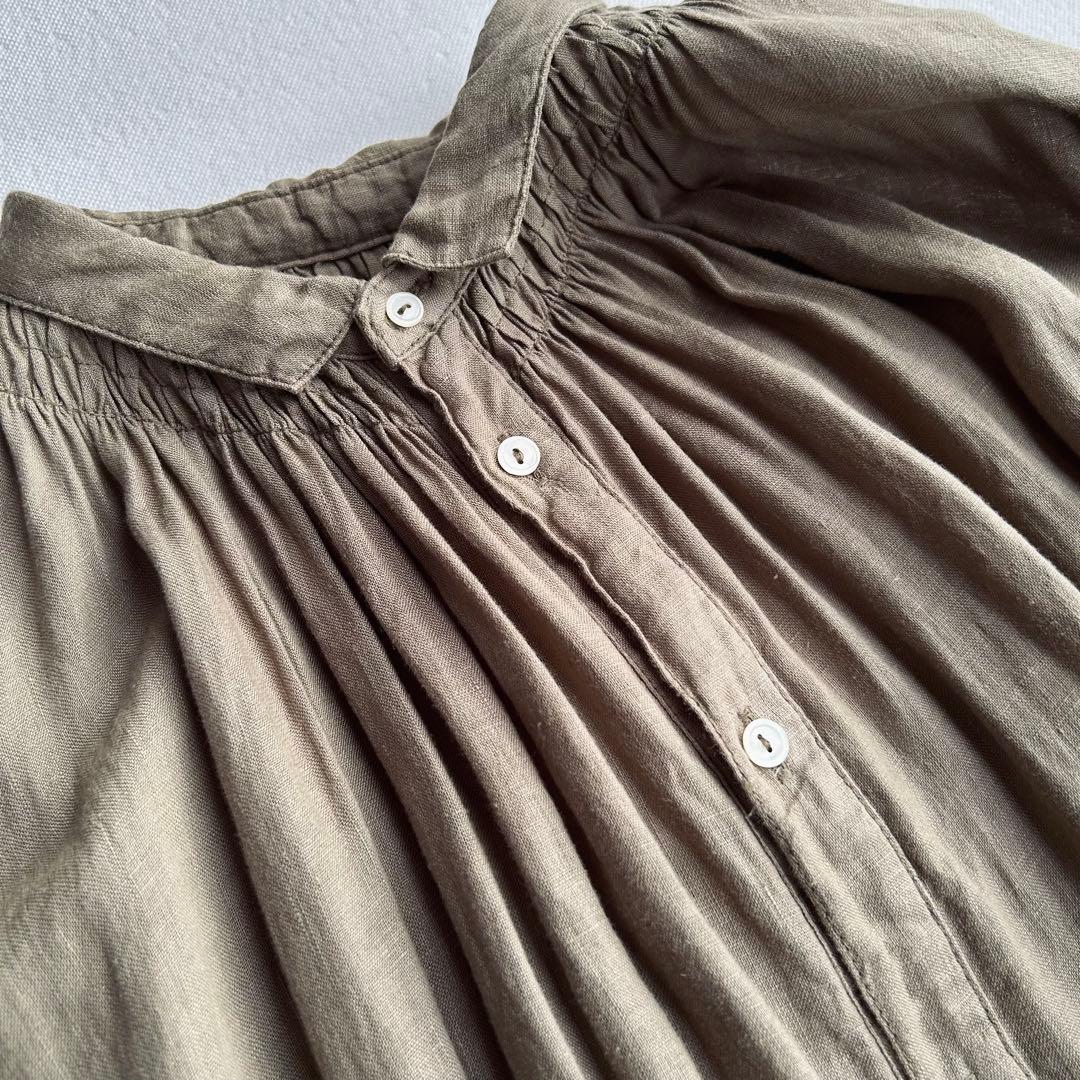 ネストローブ リネン製オリーブグリーンシャツワンピース長袖