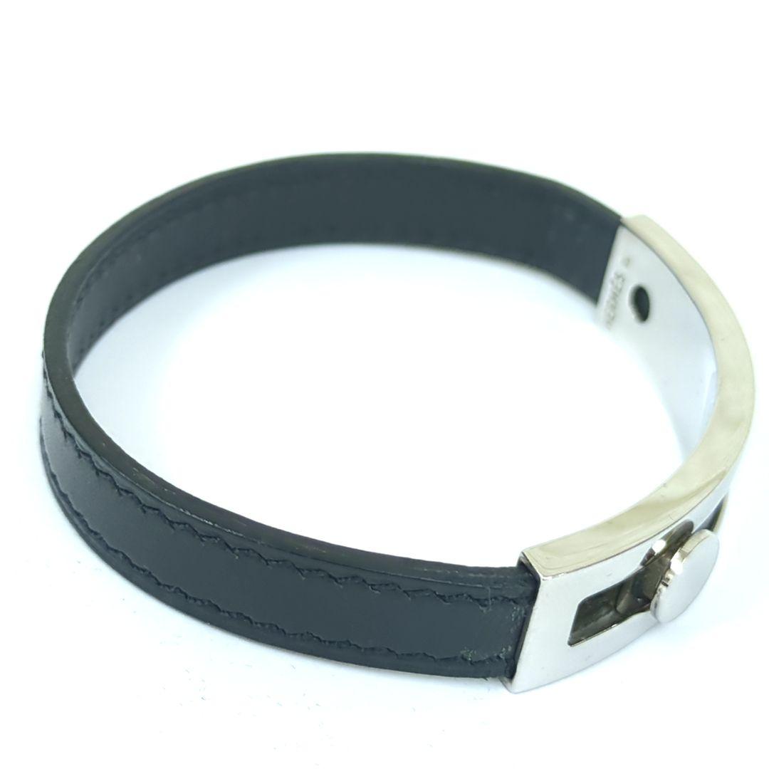 エルメス プスプス レザー ブレスレット バングル ブラック シルバー□G刻印