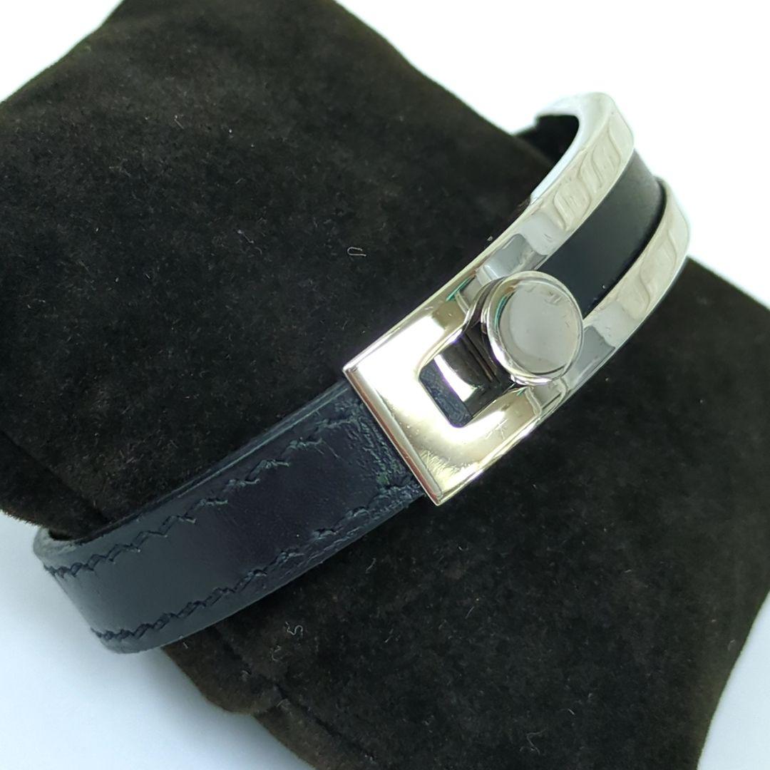 エルメス プスプス レザー ブレスレット バングル ブラック シルバー□G刻印