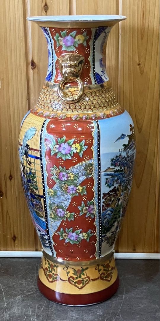 【大型花瓶】壺 花器 高級陶器 中国満州 花鳥風月 美人図 骨董品