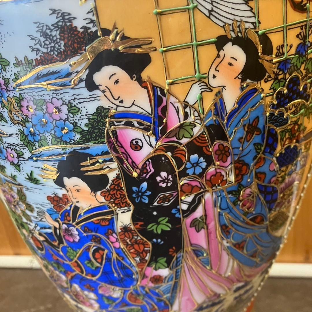 【大型花瓶】壺 花器 高級陶器 中国満州 花鳥風月 美人図 骨董品