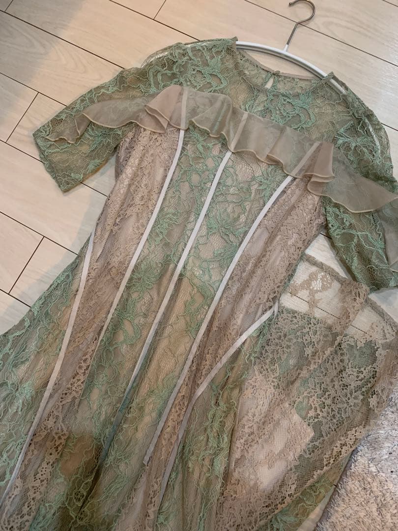 ♡FRAY I.D ミントグリーン×ベージュ　レースフレアドレス♡