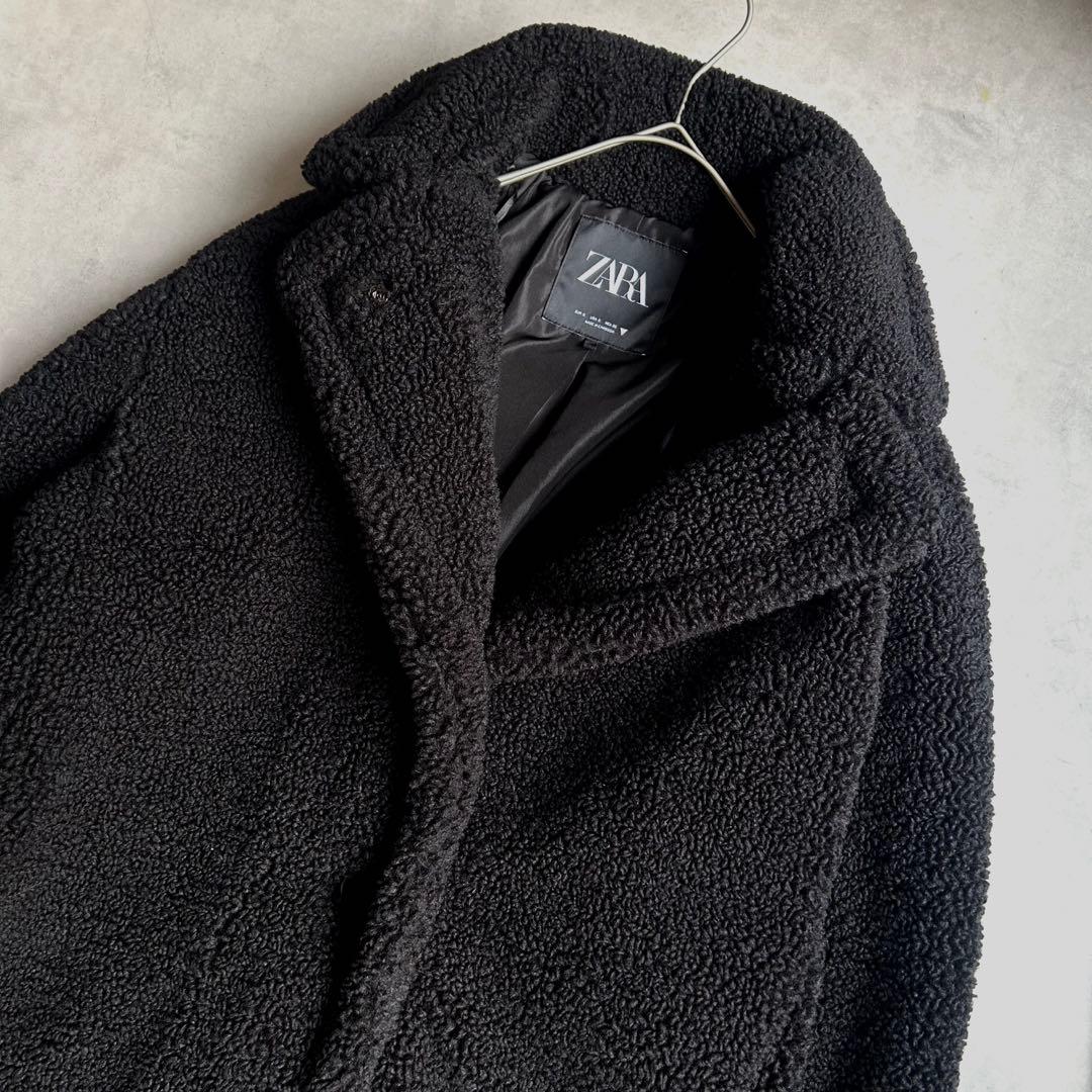 ZARA テディベアコート ボア チェスターコート マキシ丈 シングル 黒