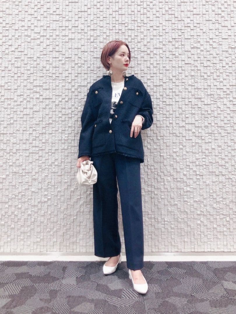 PLST プラステ　ツイードノーカラージャケット　ネイビーS