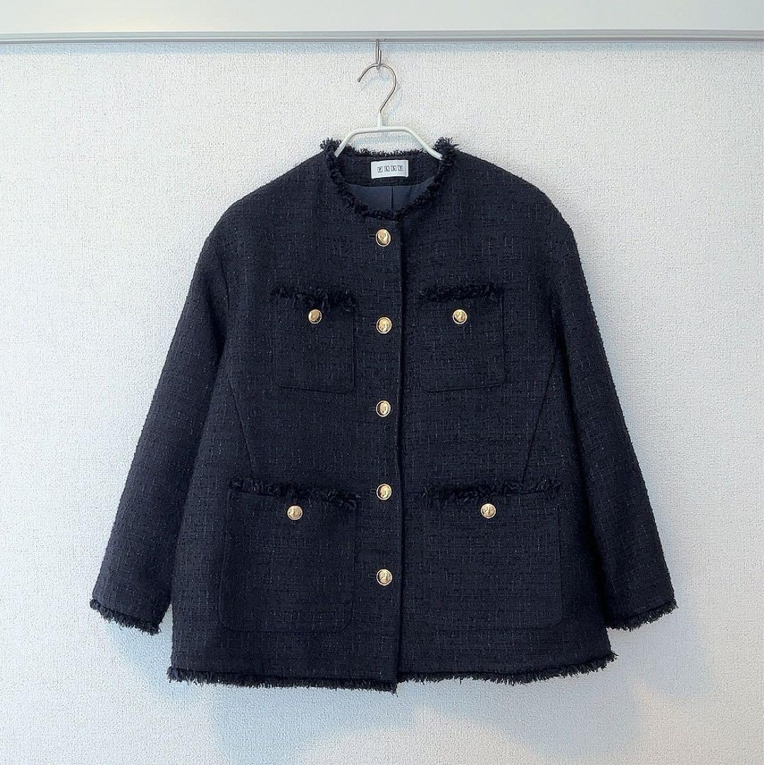 PLST プラステ　ツイードノーカラージャケット　ネイビーS