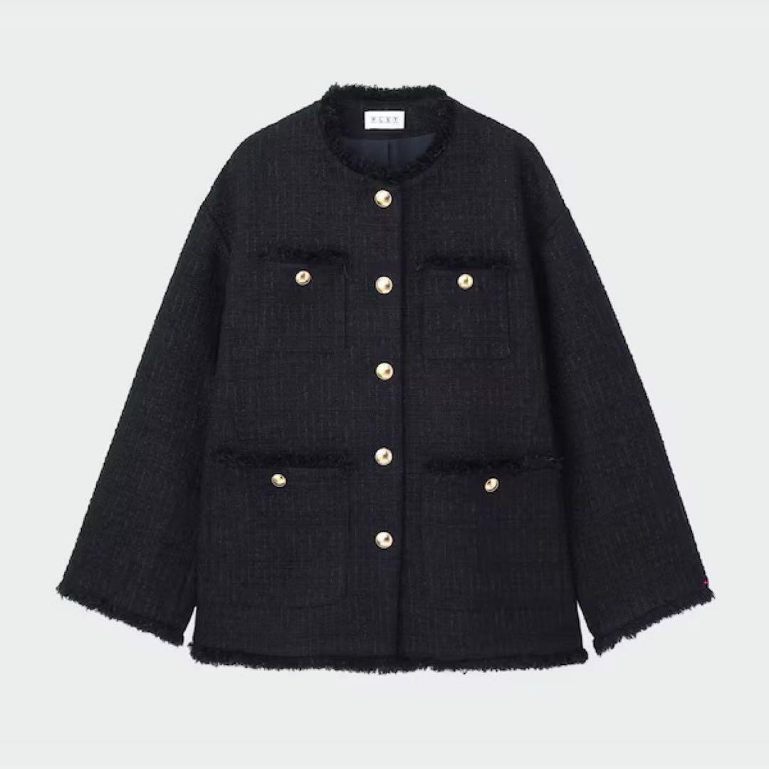 PLST プラステ　ツイードノーカラージャケット　ネイビーS