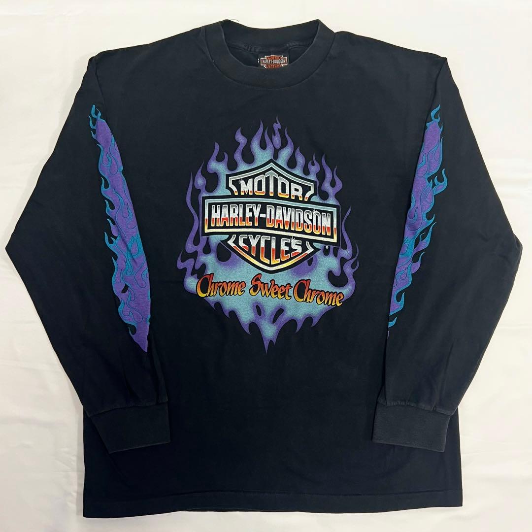 USA製 ハーレーダビットソン ブルーフレイム ロンT ブラック 長袖 黒 L