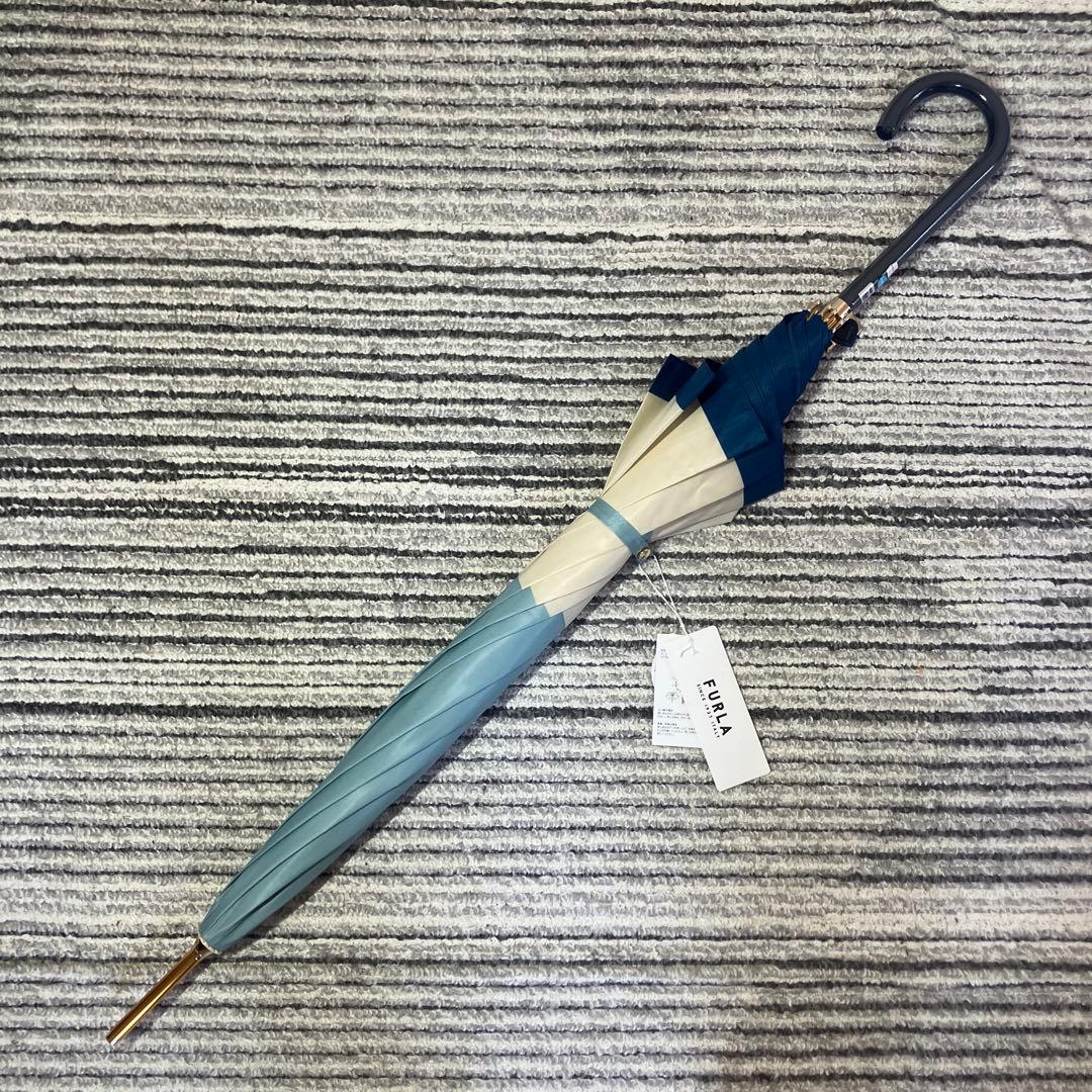 【未使用品】フルラ ボーダー 晴雨兼用 長傘 日傘 ジャンプ式 ブルー