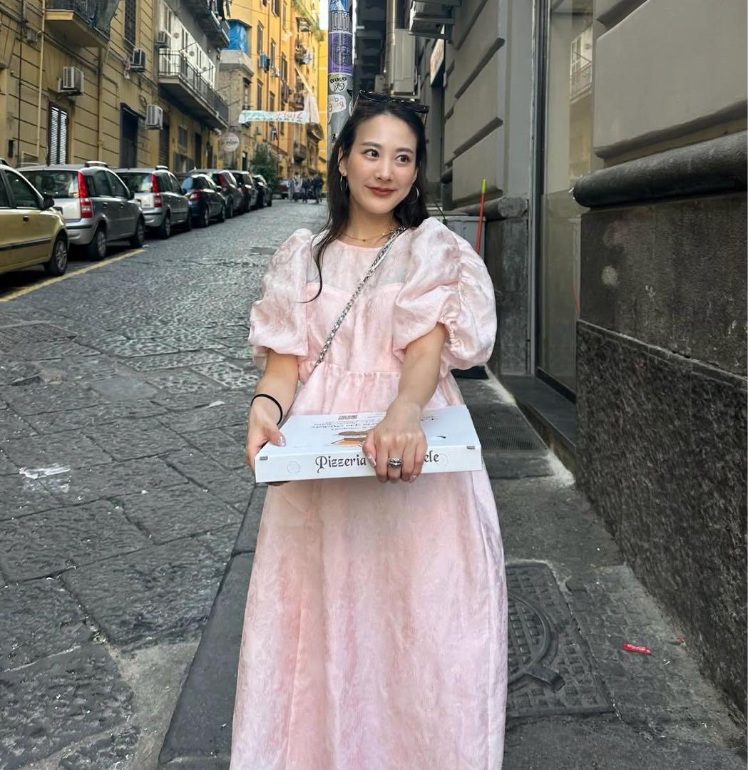 ANDRESDバブルスリーブジャガードドレスM