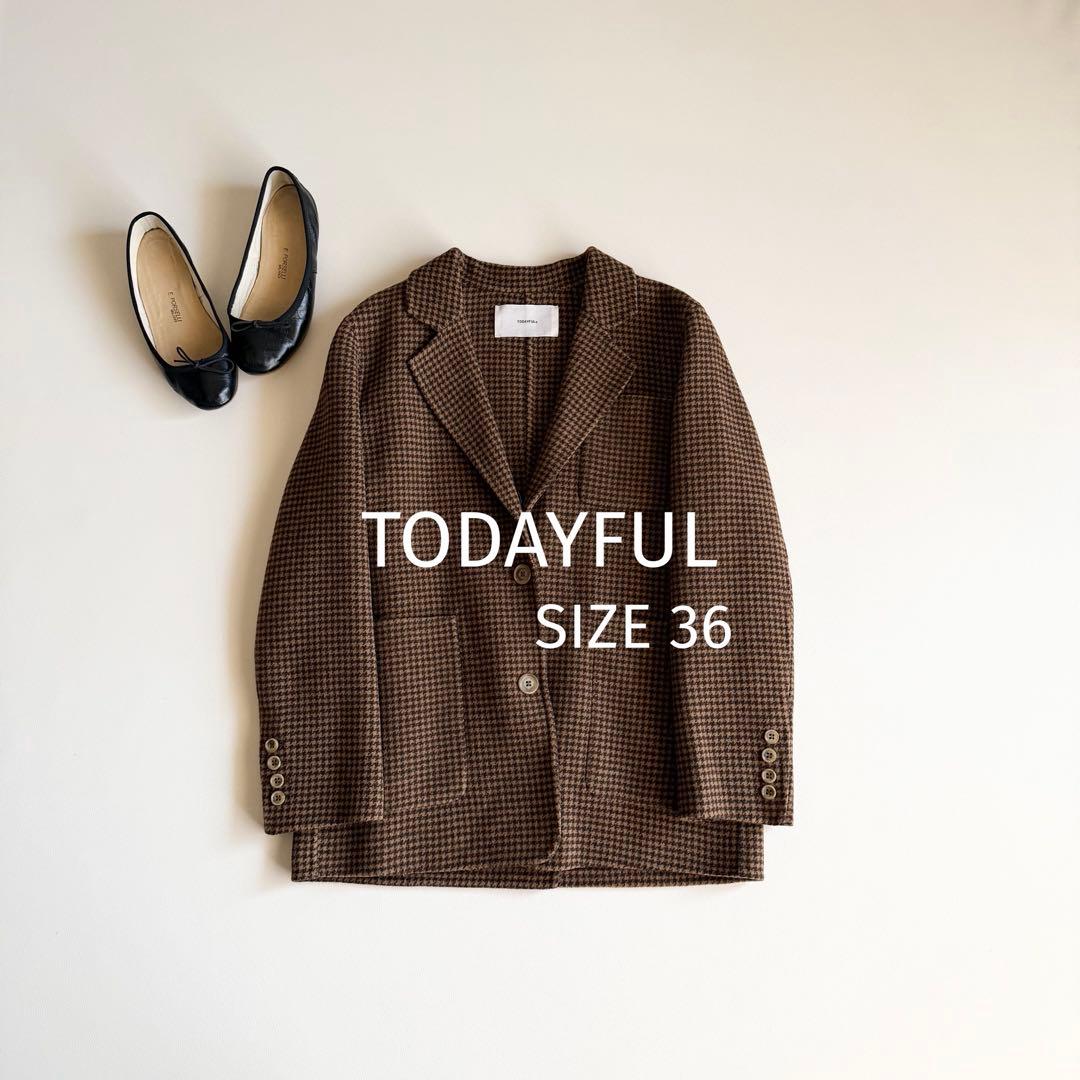 【トゥデイフル】千鳥格子 チェック柄 ウール混 テーラードジャケット36