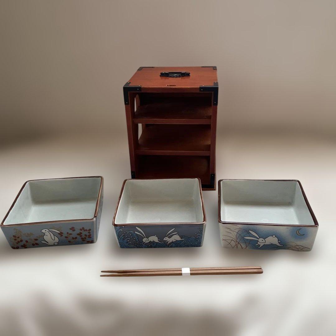 遊山箱 重箱 野弁当 花見弁当 うさぎ 瓢箪窓 月見弁当 陶器 木製 行楽弁当