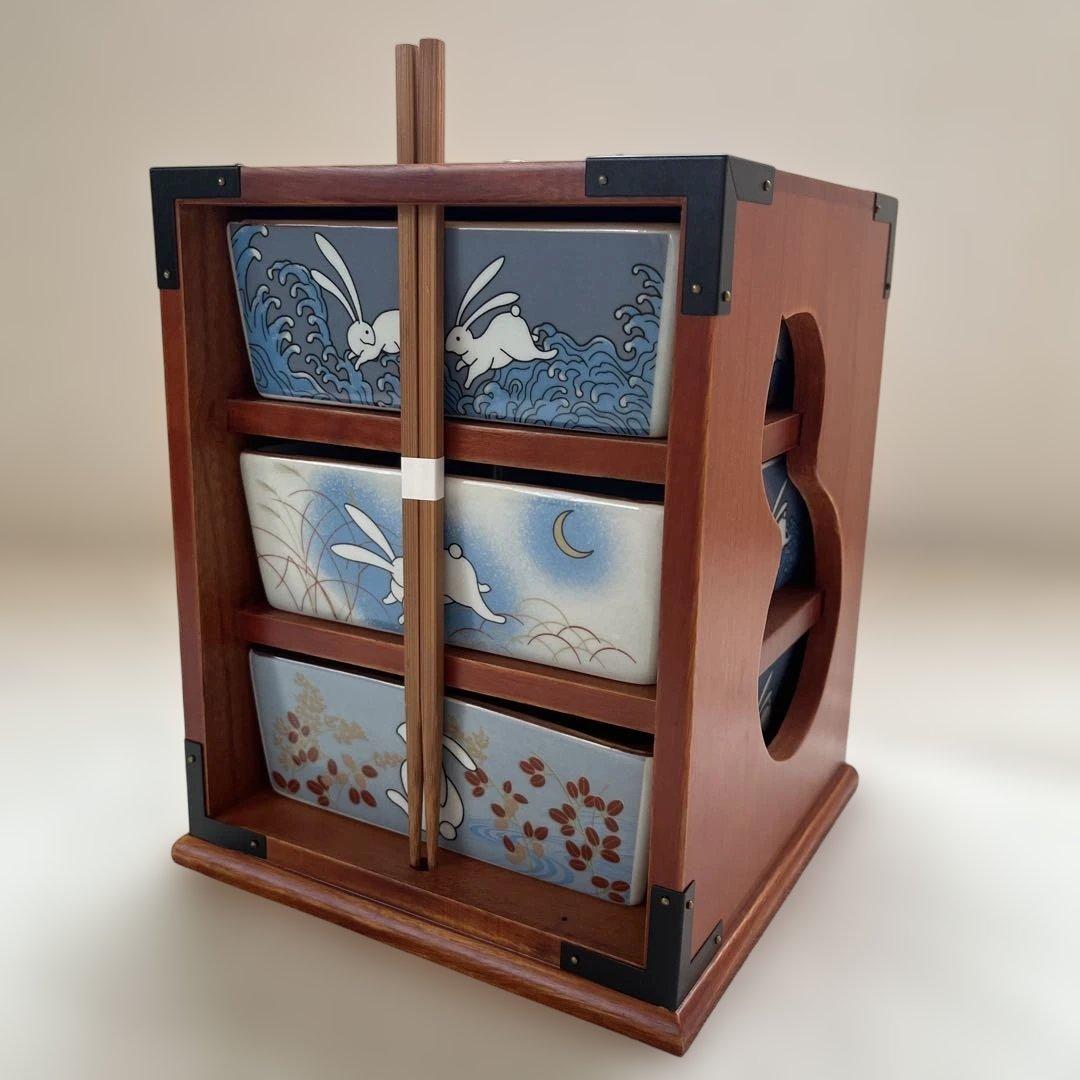 遊山箱 重箱 野弁当 花見弁当 うさぎ 瓢箪窓 月見弁当 陶器 木製 行楽弁当