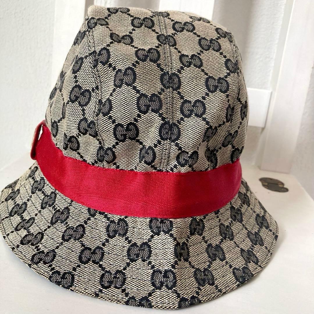 GUCCI グッチ　バケットハット　L キャンバス　赤　リボン　GGパターン